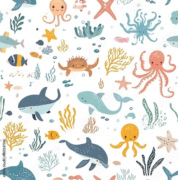 Fototapeta A seamless pattern of cute sea animals