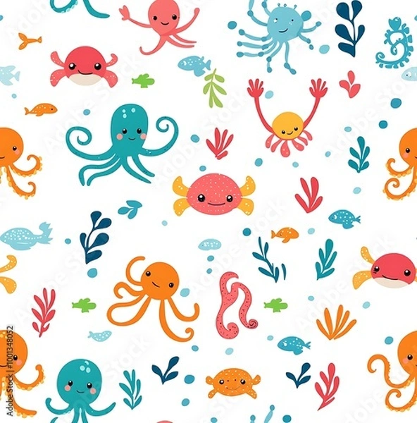Fototapeta A seamless pattern of cute sea animals