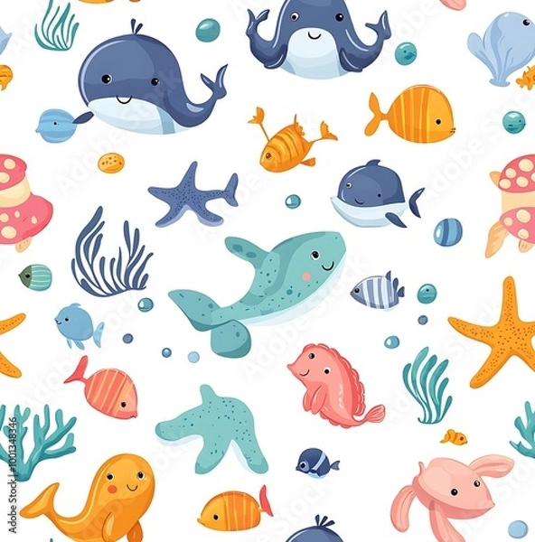 Fototapeta A seamless pattern of cute sea animals