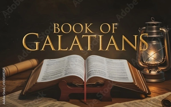 Fototapeta An epic cinematic presentation of an open bible revealing the name of the Book of Galatians.
