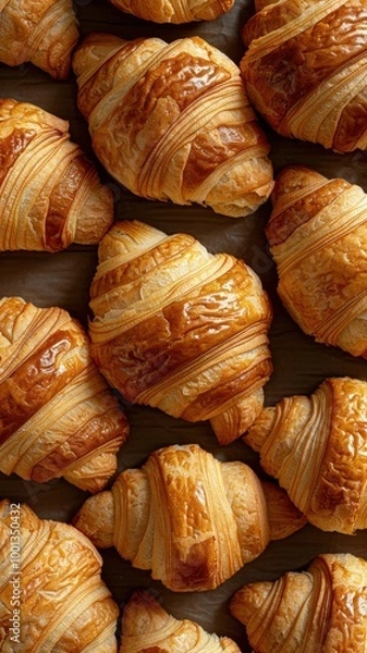 Fototapeta A delicious array of golden-brown, flaky croissants arranged closely together, showcasing their buttery layers and tempting appearance.