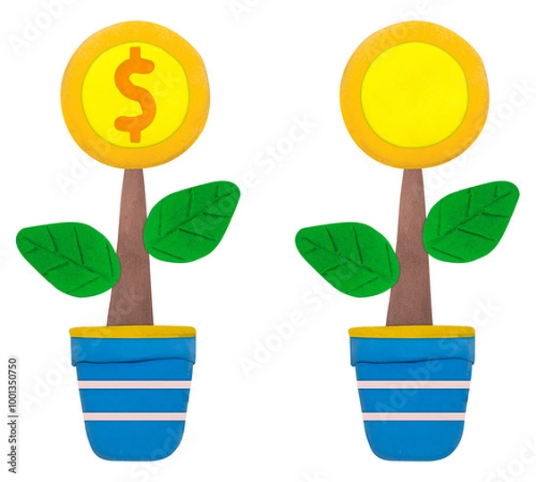 Obraz Golden Dollar money coin tree Concept investment growth , business , finance , made from plasticine sculpture technic on white