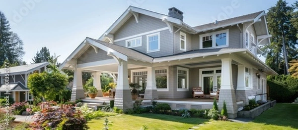 Fototapeta Craftsman-style house painted in light gray with white accents, featuring a spacious porch and manicured garden, on a clear day.
