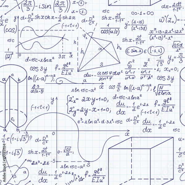 Fototapeta "Back to school" vector seamless pattern with handwritten math formulas, figures, calculations on grid copybook sheet of paper