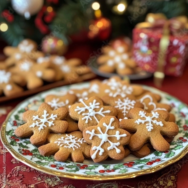 Fototapeta A plate of Christmas cookies shaped like snowflakes and gingerbread men, placed on a festive table with colorful decorations