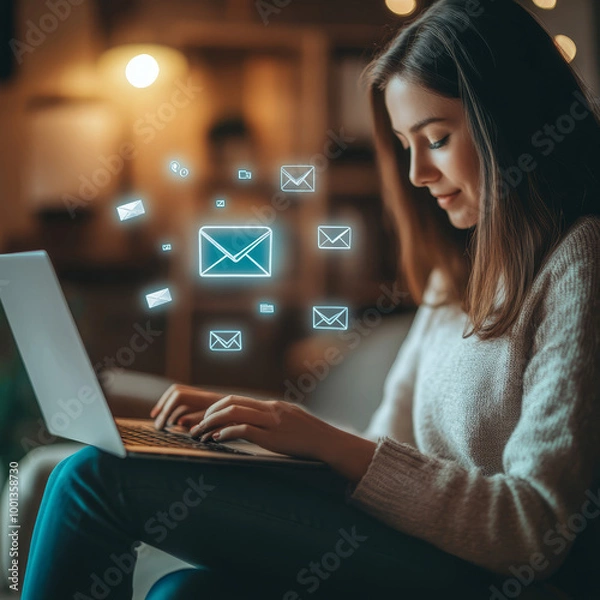 Fototapeta A woman sitting at a laptop sending emails. Email marketing and newsletter concept.