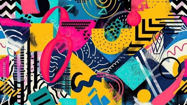 Fototapeta Vibrant geometric patterns bold colors and comic accents in a retro chic wallpaper