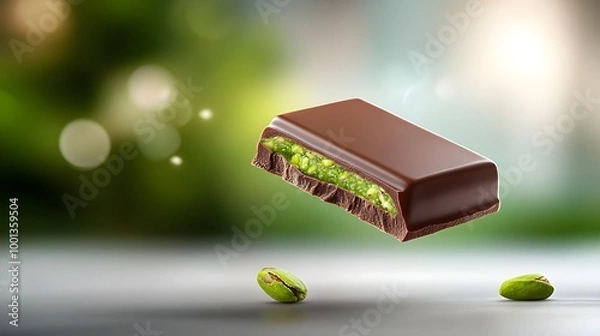 Obraz Close up of a dark Dubai chocolate bar with a bite taken from it against a blurred background, the chocolate bar is stuffed with a thick layer of pistachio filling that seeps out the sides