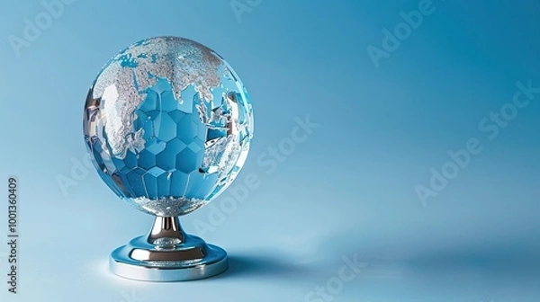Fototapeta Globe-shaped crystal trophy with intricate engravings centered on light blue backdrop
