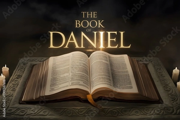 Fototapeta An epic cinematic presentation of an open bible. The text is the Book of Daniel.