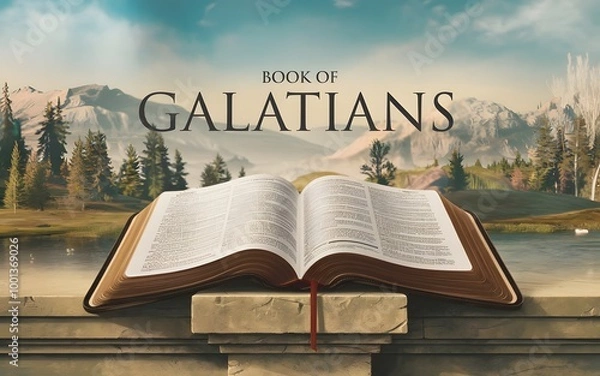 Fototapeta An epic cinematic presentation of an open bible revealing the name of the book of the bible. The book is the Book of Galatians.
