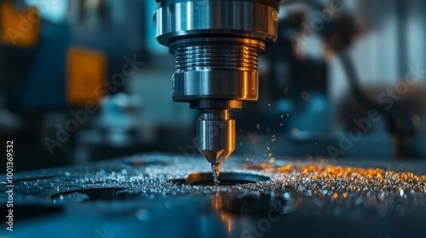 Fototapeta Close-up CNC Machine Drilling Metal Surface