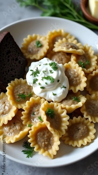 Obraz Russian Pelmeni Dumplings with Sour Cream and Fresh Dill in a Traditional Style