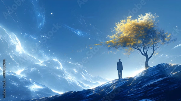 Fototapeta A Lone Figure Stands Before A Golden Tree on A Blue Planet