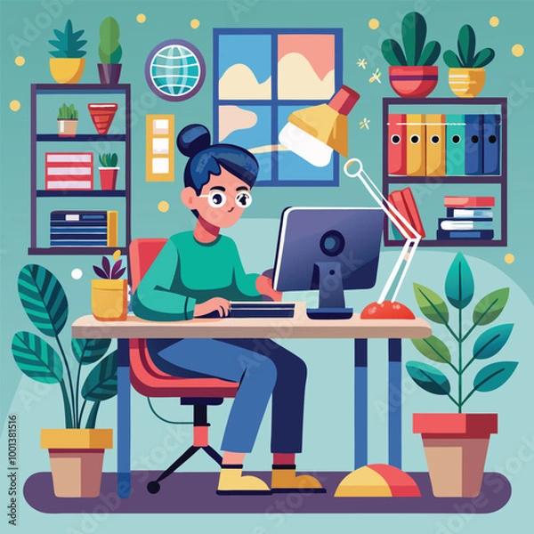 Fototapeta cartoon office worker with computer