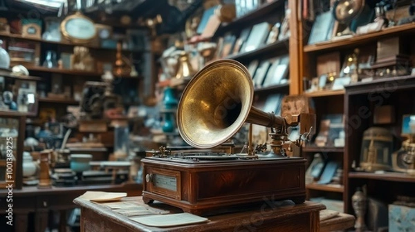 Fototapeta Antique Store Inventory. Old Gramophone, Sewing Machine and Other Early Twenty Century Stuff