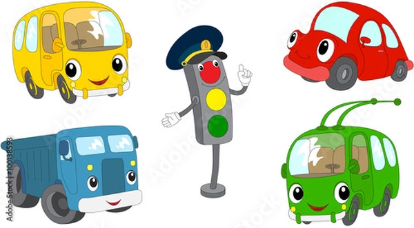 Fototapeta Set of cartoon bus, car, lorry, trolleybus and traffic lights