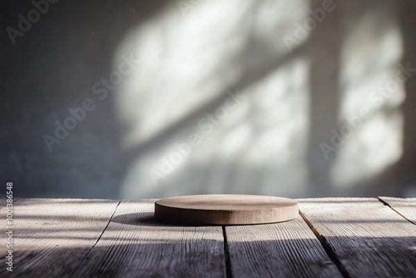 Fototapeta A simple circular wooden platform, partially covered in shadows, designed for elegant product presentation and display.