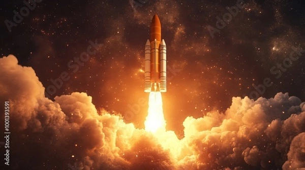 Obraz Detailed 3D illustration of a space rocket launch, capturing the powerful ascent with fiery exhaust and surrounding smoke
