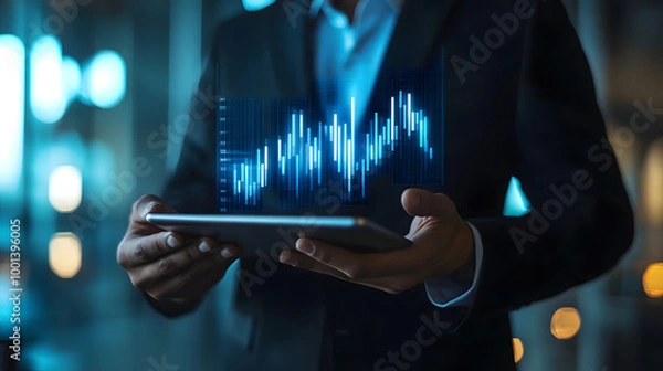 Fototapeta A man in suit holding a tablet. Digital 3D line graphs chart trend. Research science technology computer analysis data audit study professional doctor medical, mathematics, scientist