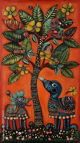 Obraz Tanzania Painting, Tingatinga, Abstract Image, Texture, Background for, Wallpaper, Cover and Screen of Smartphone, PC, Laptop, 9:16 and 16:9 Format