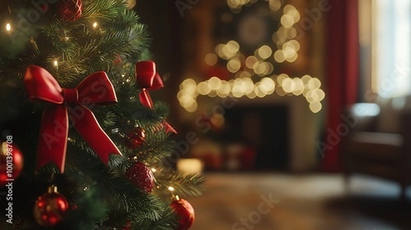 Fototapeta Christmas tree decorated with red and green bows, in a cozy room.