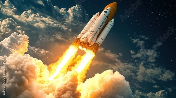 Fototapeta Dynamic 3D illustration of a space rocket taking off, highlighting the explosive engine thrust and detailed smoke plumes