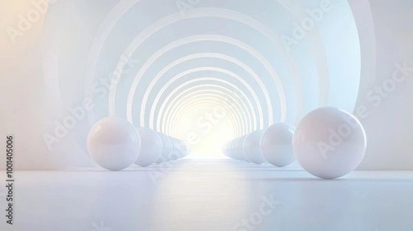 Fototapeta A white room with a long hallway and a bunch of white spheres