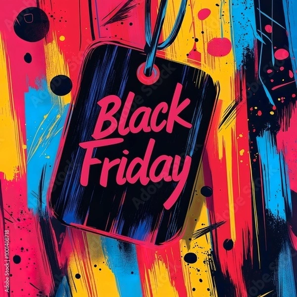 Fototapeta A bold graphic of a price tag with "Black Friday" written in a large, colorful font. Ai generated