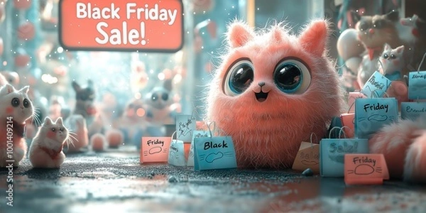 Fototapeta A whimsical cartoon-style scene of a joyful, oversized shopping bag character with big, sparkling eyes, standing in front of a giant "Black Friday Sale!" - ai generated