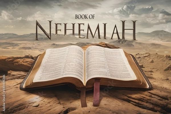 Fototapeta An epic cinematic presentation of the Book of Nehemiah. A large open bible is placed on a rocky terrain. The book is revealing the name Nehemiah.
