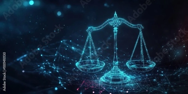 Fototapeta A digital illustration of scales, symbolizing justice and law, with glowing blue lines representing the blockchain network