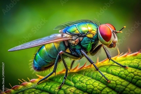 Fototapeta A Fearless Fly Perched on a Leaf Against a Bright Green Background in Nature's Serenity