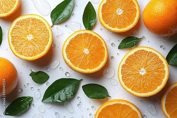 Fototapeta A close up of oranges and leaves on a white background