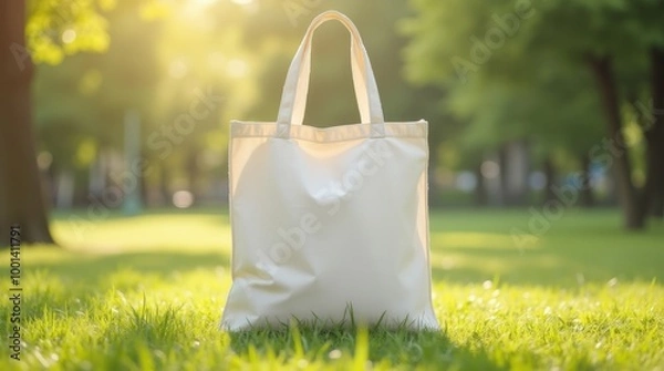 Fototapeta Tote bag mockup concept image with a blank tote bag sitting outside in a park on sunny day for the large sturdy cloth unfastened bag with parallel handles with copy space