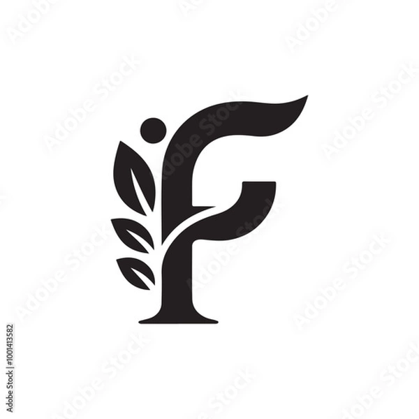 Fototapeta Organic Letter F Logo with Leaf and Vine: A Simple yet Sophisticated Icon for Nature-Based Brands, Sustainable Ventures, and Green Initiatives