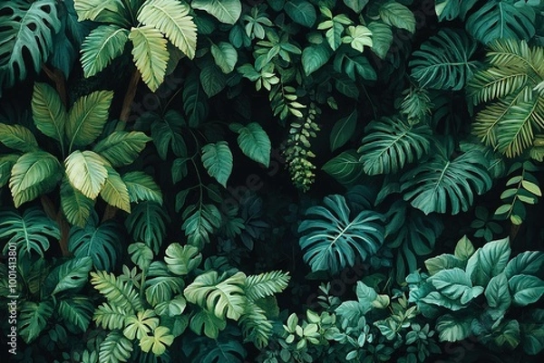 Fototapeta A lush green jungle with many leaves and vines