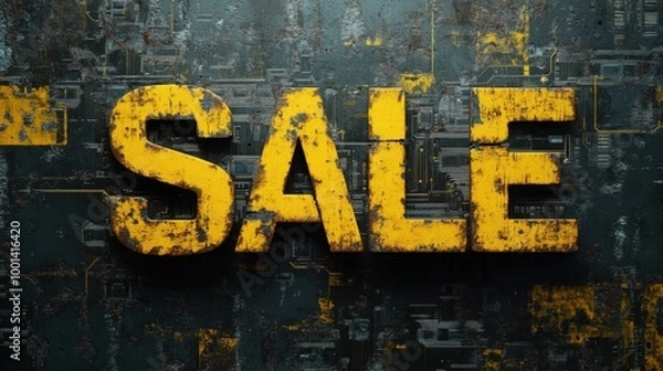 Fototapeta Cyberpunk Sale: Rusty Metal Text on Futuristic Background