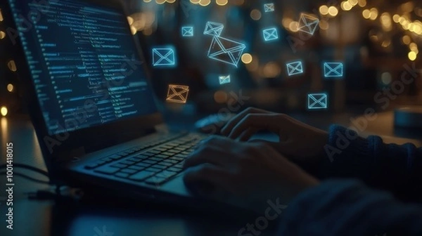Obraz Email icons in wireframe style float around an employee keyboard, highlighting the flow of communication in a modern office setting