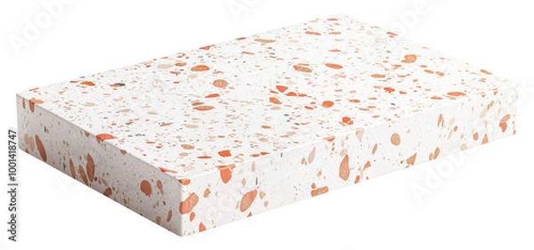 Obraz White terrazzo empty low rectangular podium with orange, beige, and brown speckled surface and sharp edges. Product display isolated on transparent background.