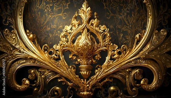 Fototapeta  elegant golden Baroque decorative element, featuring symmetrical patterns and elaborate filigree, glowing softly in a darkened room with dramatic chiaroscuro lighting