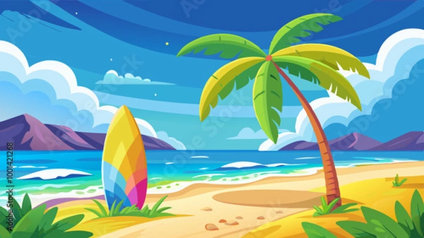 Fototapeta A tropical beach with a yellow surfboard on the sand, a rainbow in the sky, and a clear blue ocean with white waves