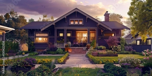 Fototapeta Chic urban craftsman house in deep plum, showcasing decorative woodwork, a neat garden, and a golden hour glow.