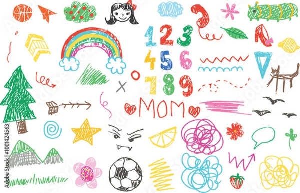 Obraz Crayon fun cute kid colorful doodle set badge, scribble line flower, heart. rainbow background. Hand drawn doodle sketch childish element set. numbers, heart, cloud children draw style design elements