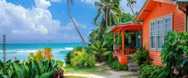 Fototapeta Cheerful tangerine beachfront cottage with lush tropical gardens, set against a backdrop of the turquoise ocean.