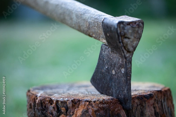 Fototapeta The axe stuck on wooden log