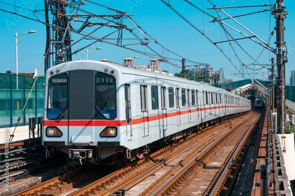 Fototapeta A subway train traveling on an elevated track in Shanghai, China.