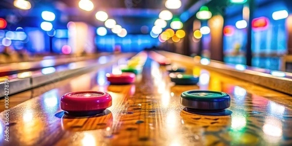 Obraz Colorful Shuffleboard Stick with Colorful Pucks on a Brightly Lit Shuffleboard Table Surface