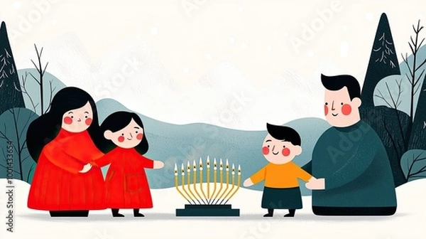 Fototapeta A family celebrates together around a menorah during winter, emphasizing warmth, togetherness, and holiday joy.