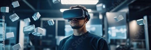 Fototapeta A virtual reality designer explores innovative 3D concepts in a modern studio filled with floating digital elements. Generative AI